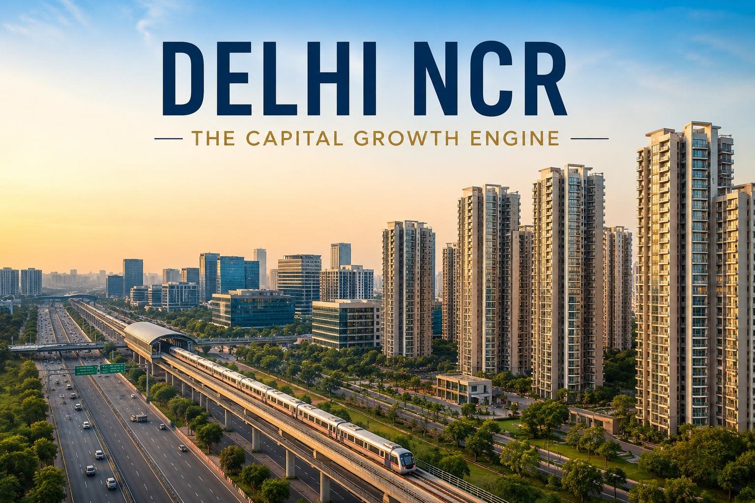 Delhi NCR skyline and metro corridor at sunset